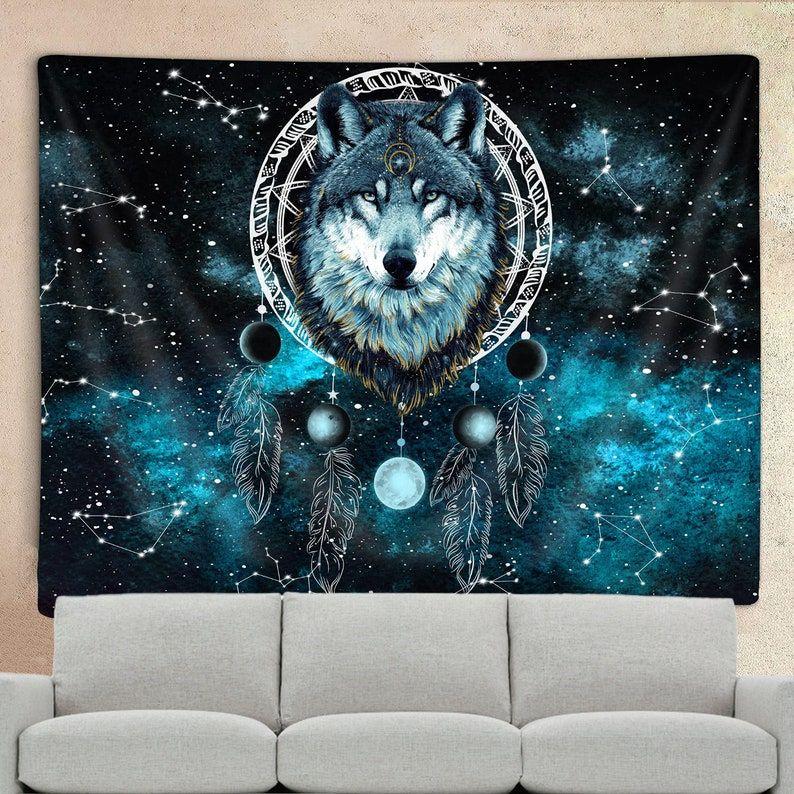 Tapestry wolf wolf dreamcatcher stars 75x100