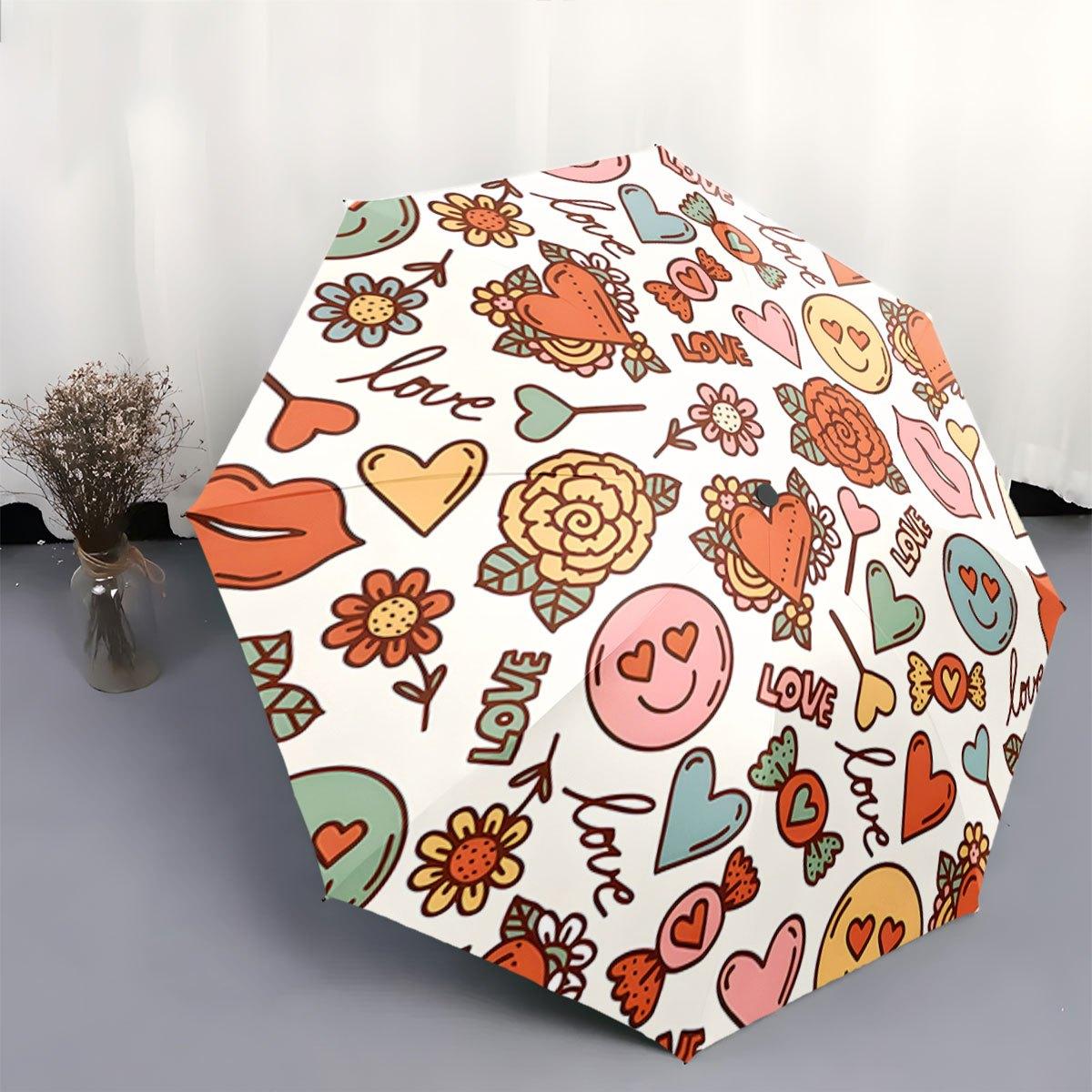 

Open/Close Portable Folding Umbrella with Cute Face & Heart Flower Design - Self-Opening/Closing, Compact Travel Umbrella Suit (as the picture,Iron&8K)