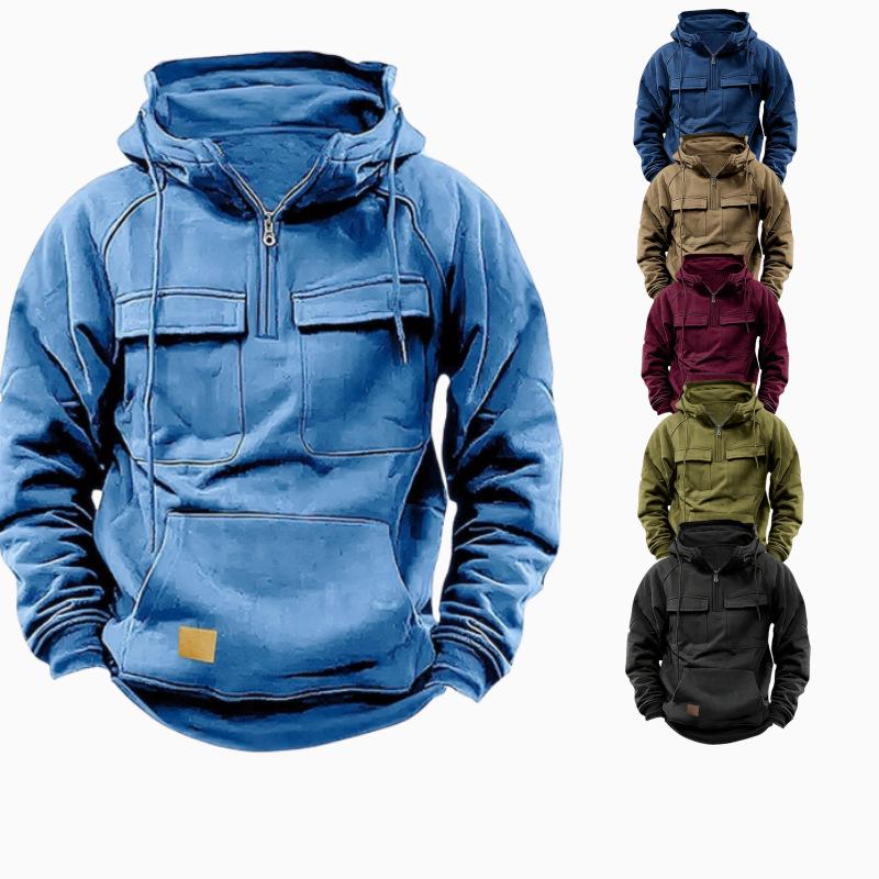 2025 Men's Autumn/Winter Hooded Solid Color Workwear Sweatshirt Jacket