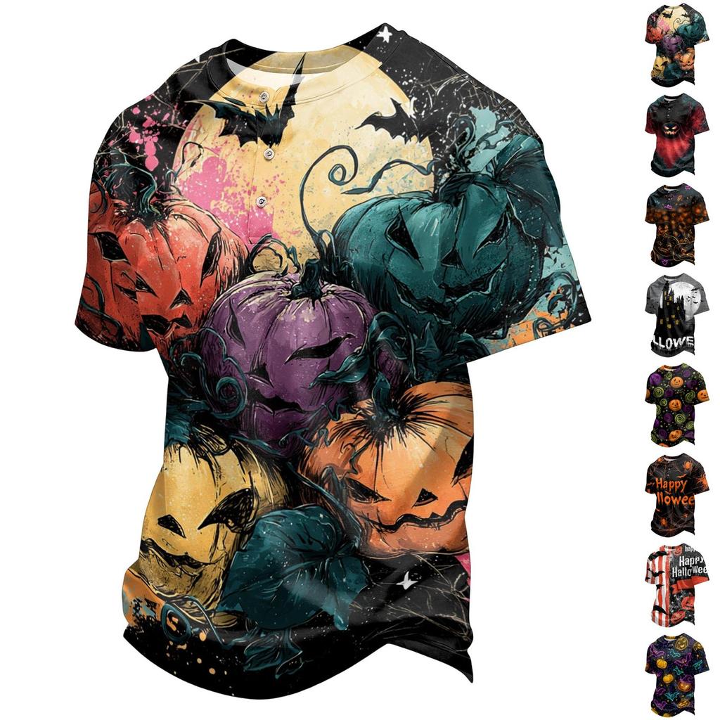 Men's Quick Dry Round Neck Short Sleeve T-Shirt with Halloween Print for Workout and Running