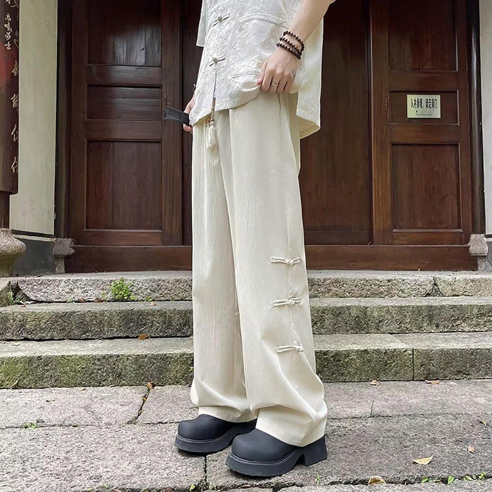 

Новые летние брюки Ice Silk в китайском стиле для мужчин, новый стиль, драпированные, свободные прямые широкие повседневные брюки 3XL