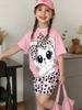 Girl Leisure Coordination Cute Kitten Heart Floral Print Short‑Sleeve Top and Elastic Biker Shorts Kid Sweet Summer Daily Garmen