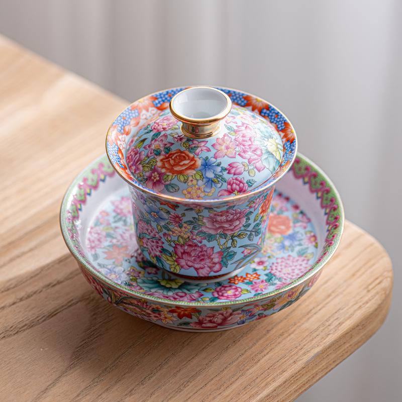 Gaiwan Enamel Overglaze Sancai Bowl Set - National Tide Kung Fu Tea Brewing Cup, Light Luxury Style