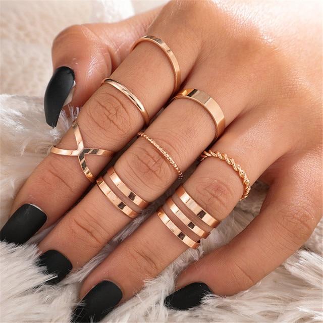 Hip Hop Rock Gold Color Chain Rings Set Girls Punk Geometric Sleek Minimalist Finger Rings Women Trend Jewelry Accessories Celebration Party Event