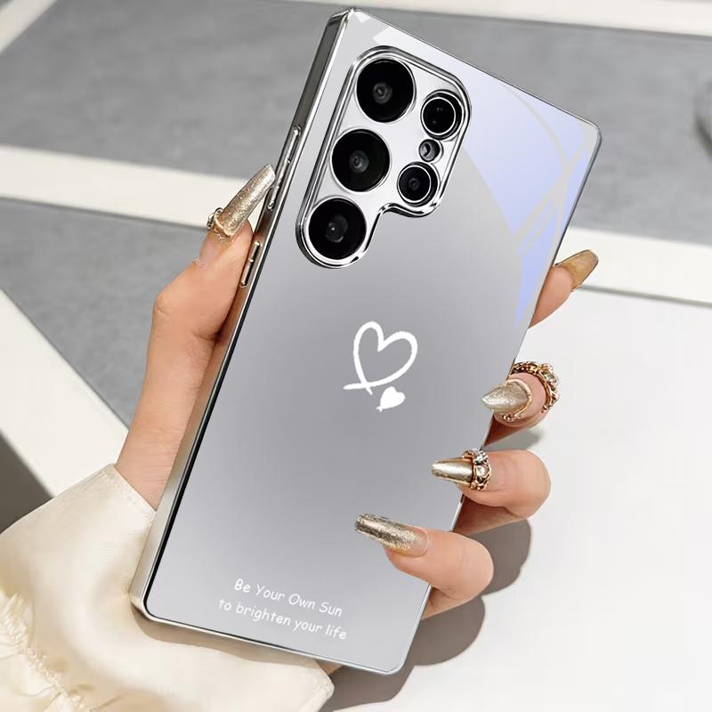 Line Art Love Heart Electroplated Silver Phone Case For Samsung S24 S21 20 Ultra S22 FE S23 Plus S25 S26 Note 10 20 Glass Cover