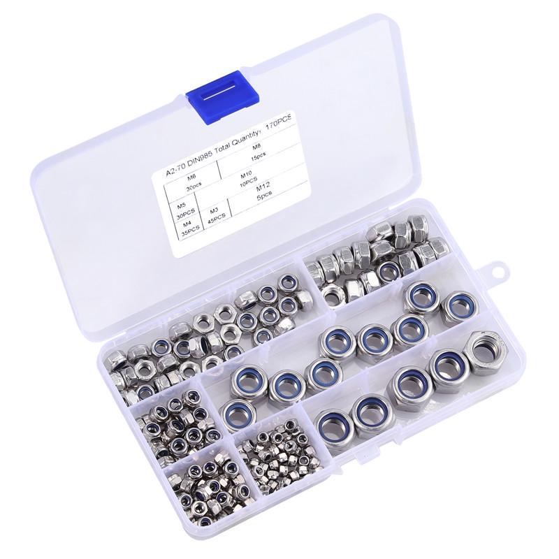 170pcs 6 Kinds Of M3 M4 M5 M6 M8 M10 M12 Hexagonal Nylon Lock Nut Boxes 304 Stainless Steel 170pcs 6 Kinds Of M3 M4 M5 M6 M8 M10 M12 Hexagonal Nylon Lock Nut Boxes 304 Stainless Steel
