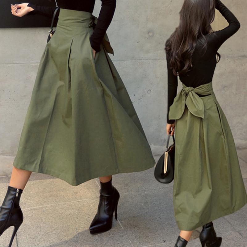 Faldas Mujer Moda Coreana Color Sólido Gran Oscilación Falda de Dama Falda Larga Otoño Salvaje Cintura Alta Lazo Faldas Ajustadas