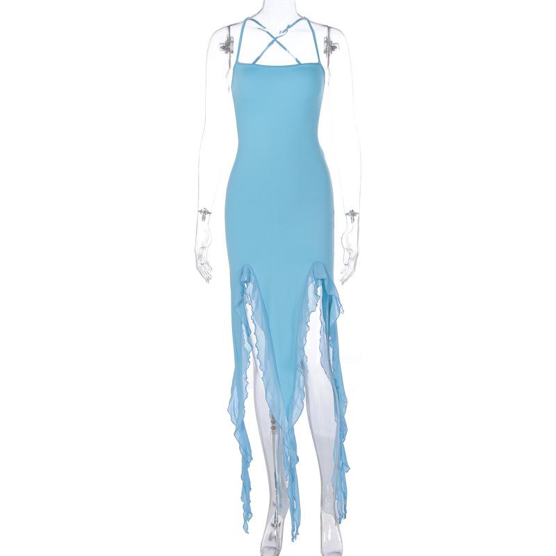 Women European Style Backless Mesh Splicing Ruffled Irregular High Waist Strap Long Dress
