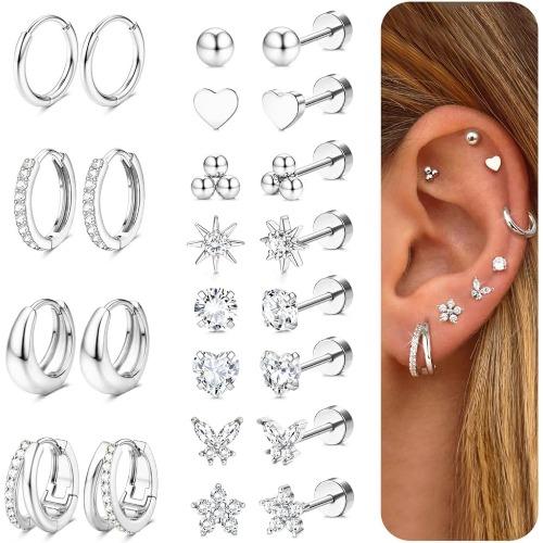 Drperfect 1Pair Flat Back Earrings for Women Surgical Steel Earrings for Sensitive Ears Hoop Stud Cartilage Tragus Piercings