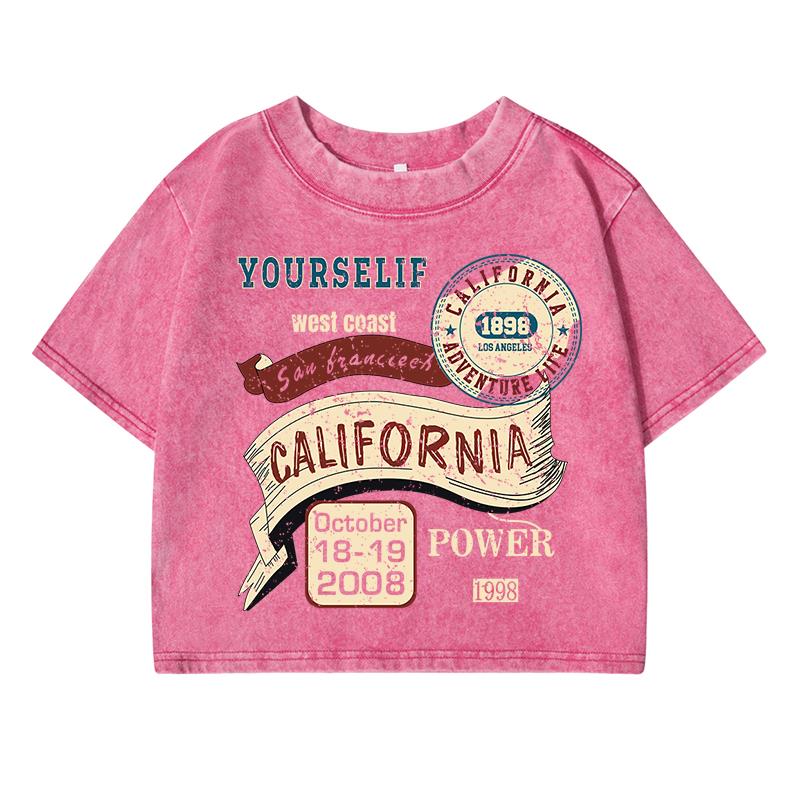 

California Yourself Letter Printing Women Washed Short Tshirts Summer T-Shirt Breathable O-Neck Midriff-Baring Clothes M