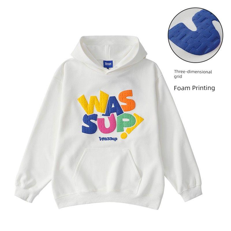 Wassup Trendy American-Style Heavyweight Letter Foam Sweatshirt for Men, Autumn and Winter Loose Fit Versatile Hooded Top Jacket