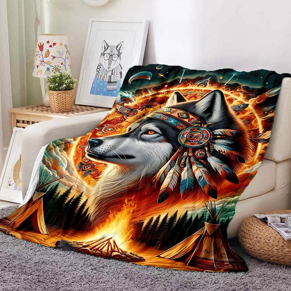 1PC Wolf Spirit Print Blanket, Soft Throw Blanket - Warm & Cozy for Couch, Bed, Office, and Travel Yy250912182