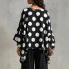 Women's V Neck Three Quarter Sleeve Blouse Loose Fit Boho Style Polka Dot Print Irregular Hem Casual Top For Summer Daily Wear