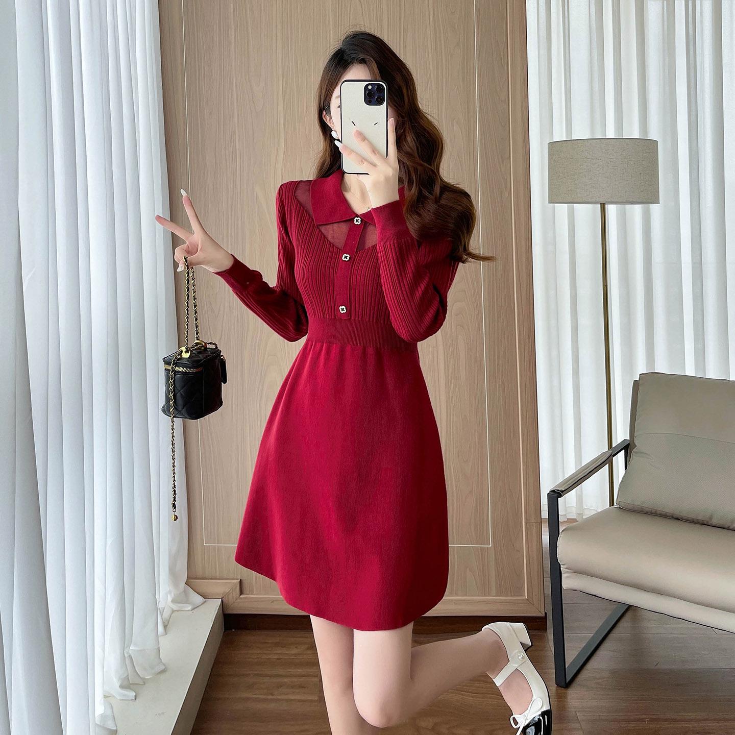 

2026 Autumn/Winter Red Slimming Knit Dress for Petites Medium вино красного