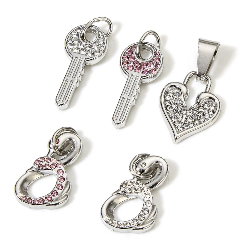 1Piece 304 Stainless Steel Heart Swan Charms Rhinestone Lock Key Pandants For Jewlery Making Diy Necklace Bracelet Supplies