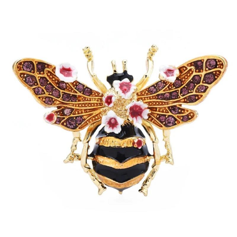1PC Bee Brooch, Hand Painted Enamel Flowers, Sparkling Diamond Vintage Brooch