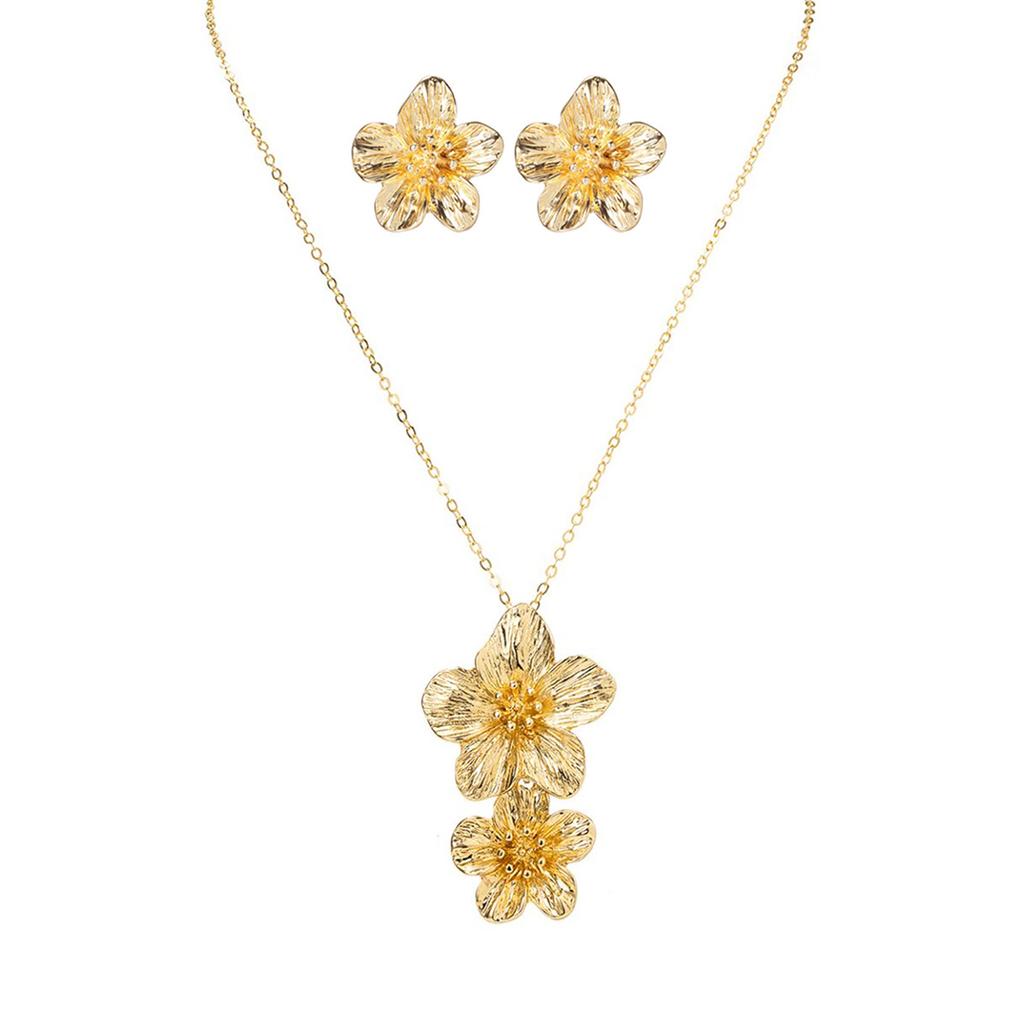 2-piece Minimalist Retro Double Flower Pendant Necklace with Five Petal Flower Earrings, Versatile Women's Jewelry Set