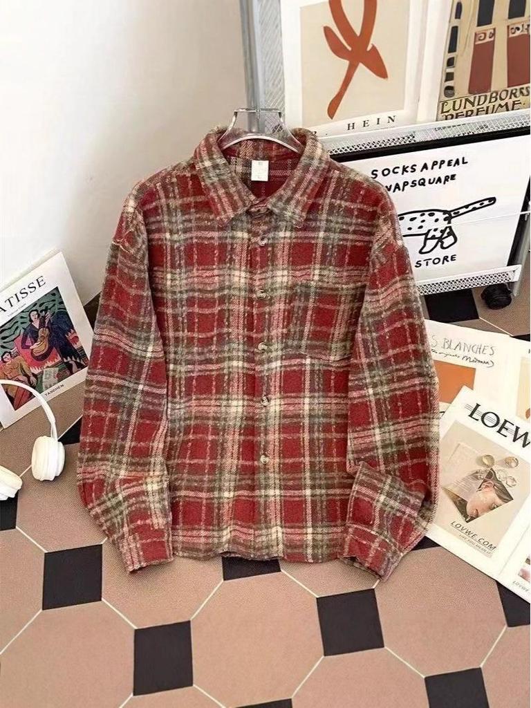 Women's Retro Plaid Wool Shirt - Autumn/Winter, Loose Fit, Long-Sleeves, Unisex Outerwear