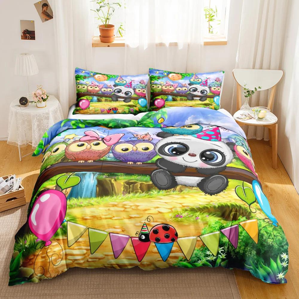 Owl Duvet Cover Set Cartoon Comforter Cover Happy Birthday Theme Bedding Set Cute Bird Polyester Quilt Cover Twin Size For Kids