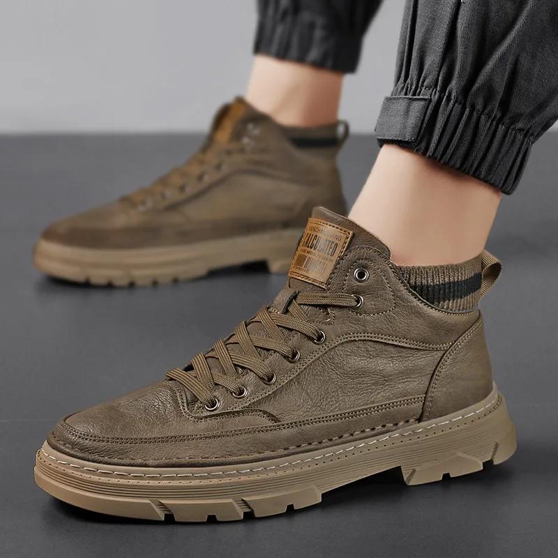 2025 Autumn New Men Leather Boots Street Fashion High Tops Leather Casual Shoes Man Outdoor Ankle Boots