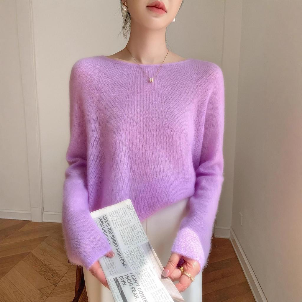 Elegant One-Shoulder Mulberry Silk Cashmere Sweater for Women - Slimming Autumn/Winter Knit Base Layer