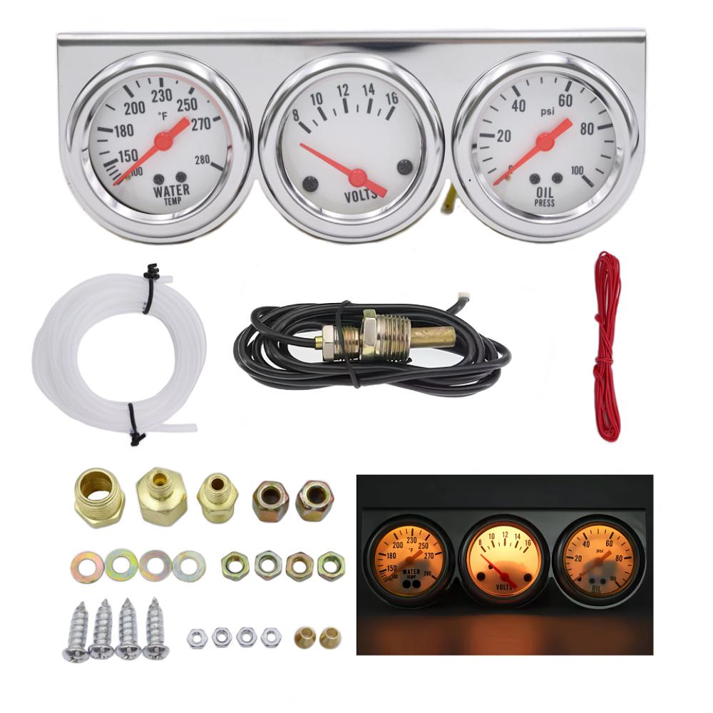 Oil Pressure Water Temp Voltmeter 3 in 1 Car Modification Gauge Kit with Accessories 52mm Triple Gauge Mechanical Chrome Volt 8-