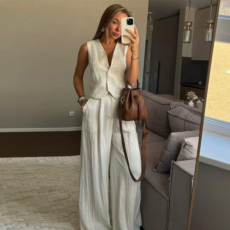 

Western Style Fashion V-neck Cardigan Vest High Waist Wide Leg Pants Set V-Neck Top and Pants Suit Apricot color L
