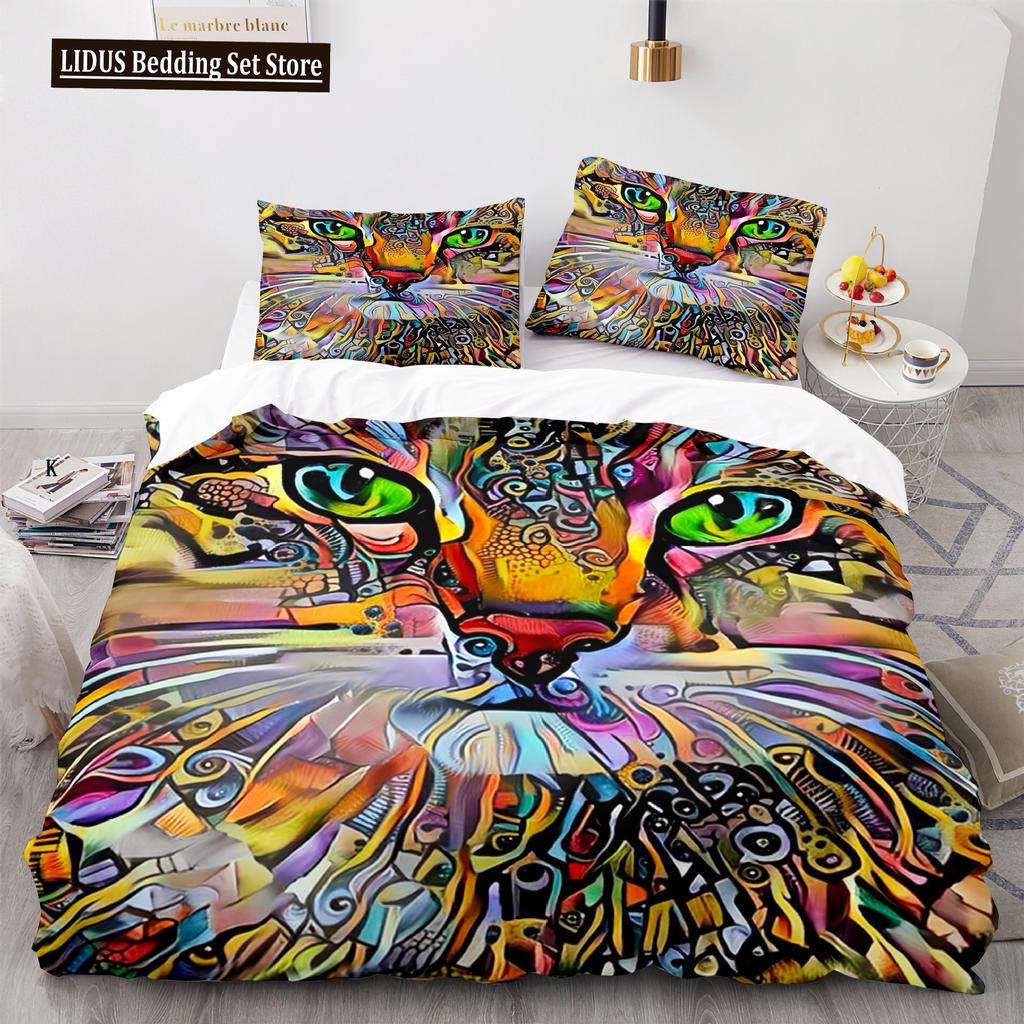 Cat Duvet Cover Set King Size Cute Cats Pattern Bedding Set Decorative Animal Polyester Comforter Cover With Pillowcases For Kid
