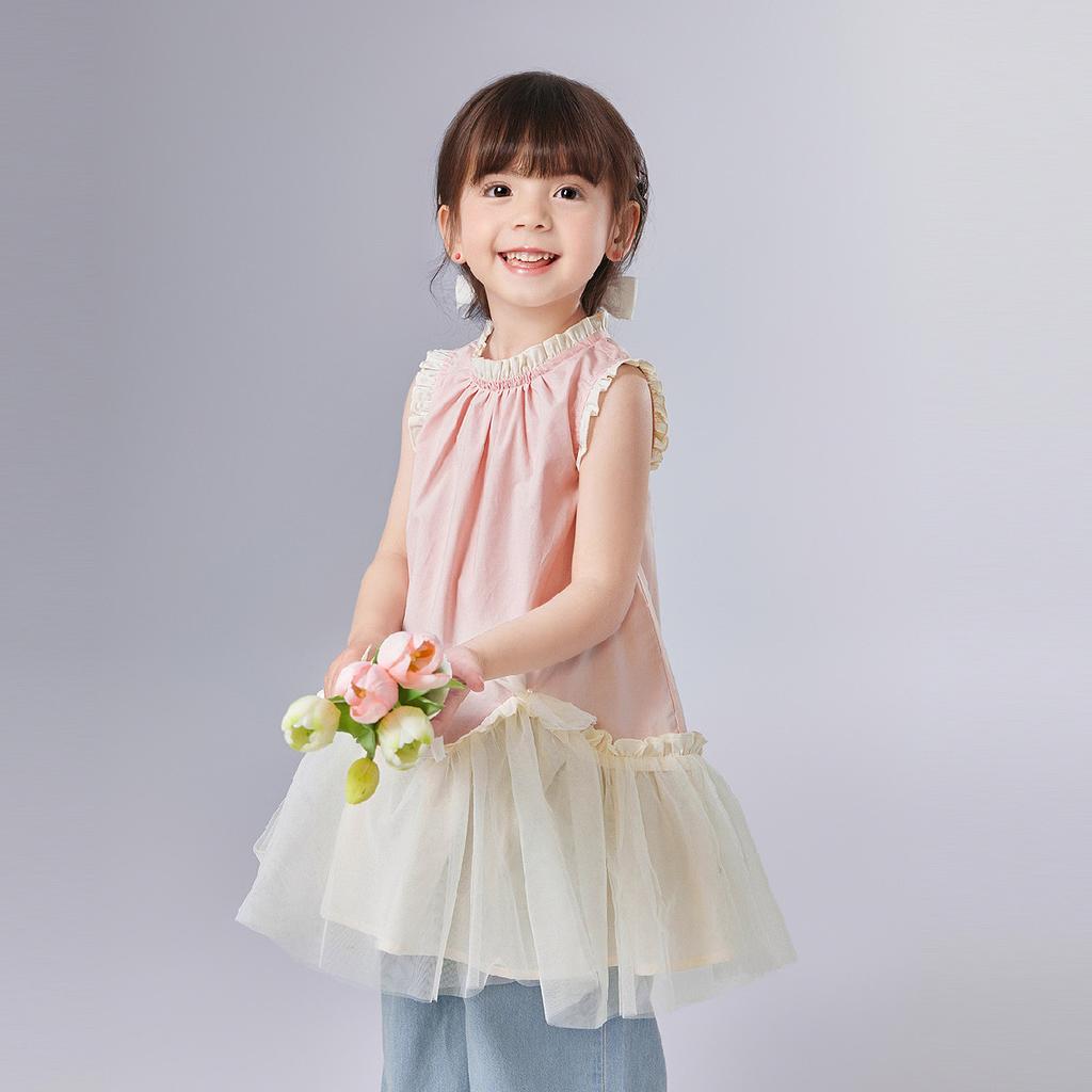 [A-line version mesh wood ear] Infant and young girls' dress 25 summer children's casual fashion top