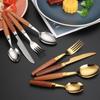 HS Western Cutlery Set: Exquisite Sapele Wood & 304 Stainless Steel Knife, Fork, Spoon with Round Wood Handle.