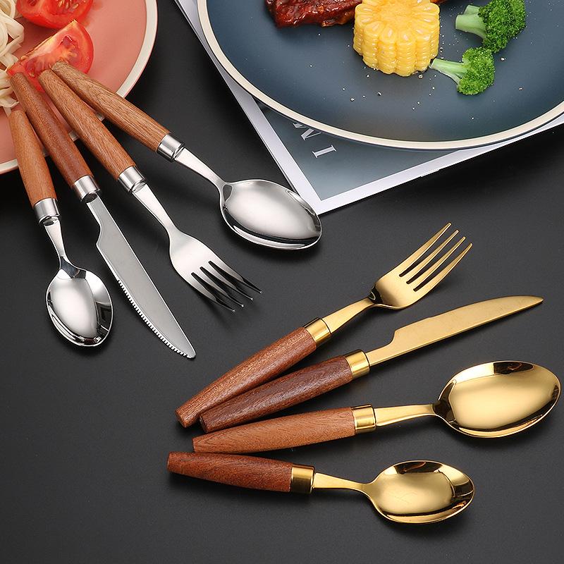HS Western Cutlery Set: Exquisite Sapele Wood & 304 Stainless Steel Knife, Fork, Spoon with Round Wood Handle.