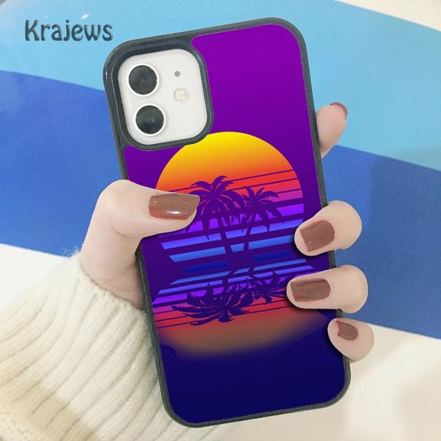 Krajews 80s Retrowave Neon Palms Tree Soft Phone Case Cover For iPhone 17 Air 16 15 14 plus 11 12 13 pro max coque Fundas
