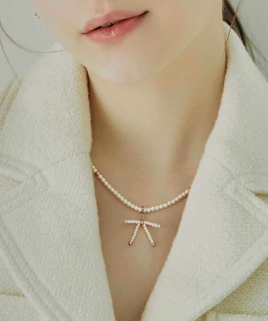 Jestina Mariel Ribbon Pearl Bead Necklace + Pendant Set (Set-J0-0908)