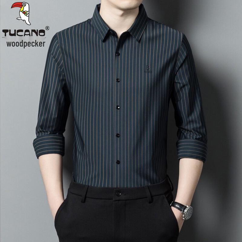 Woodpecker Men's Iron-Free Striped Long Sleeve Shirt – Wrinkle-Resistant, Elastic, Casual Wear for Middle-Aged Men (Spring/Autumn)