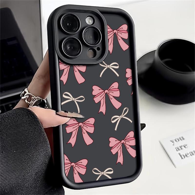 Full Screen Pink Bow Tie Phone Case iPhone 15 Pro Max 11 12 13 16 14 Plus Silicone Shockproof Case Lens Protector Shell