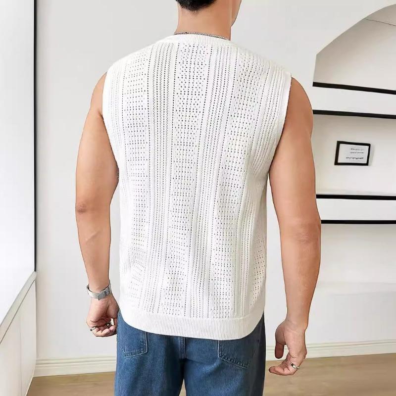 Mens Summer Solid Breathable Round Neck Casual Knitted Sleeveless Top