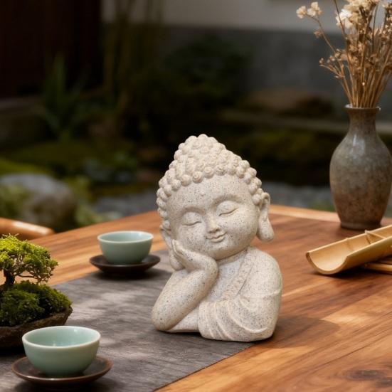 Mini Buddha Figurine Handcrafted Sandstone Resin Zen Statue Decorative Meditation Sculpture Feng Shui Ornament for Home Office Desk Car Dashboard
