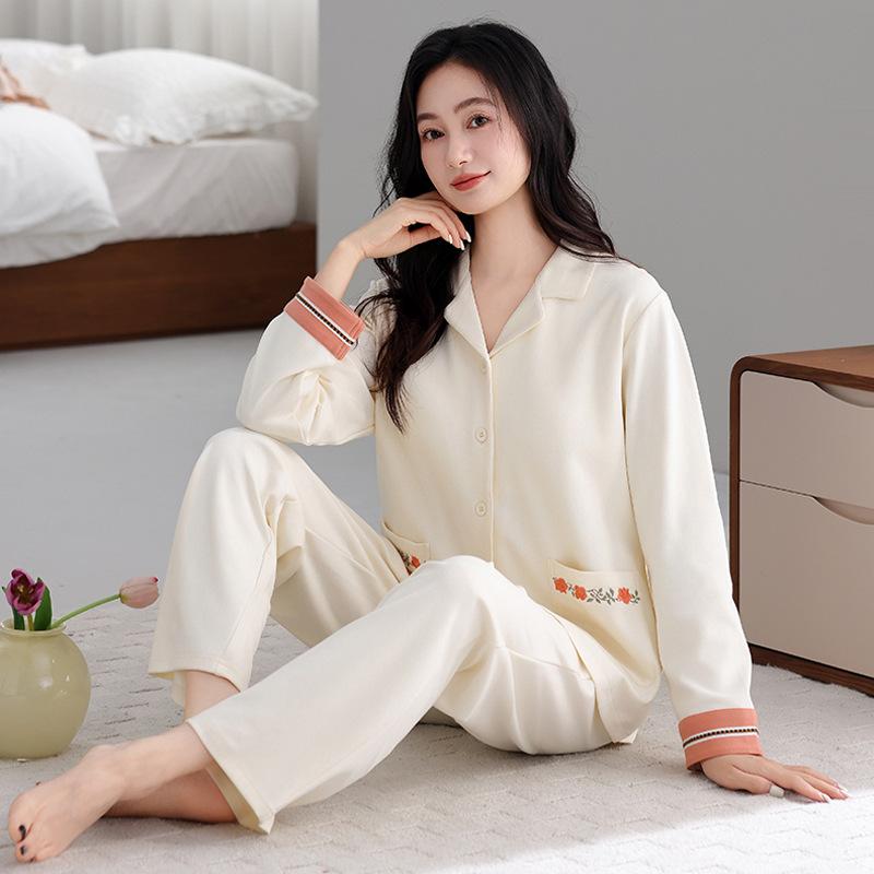 Pajamas Women's Spring and Autumn Autumn Pure Cotton Long-sleeved Cardigan Thin Cotton Women's Simple Temperament Loungewear Can Be Worn Outside