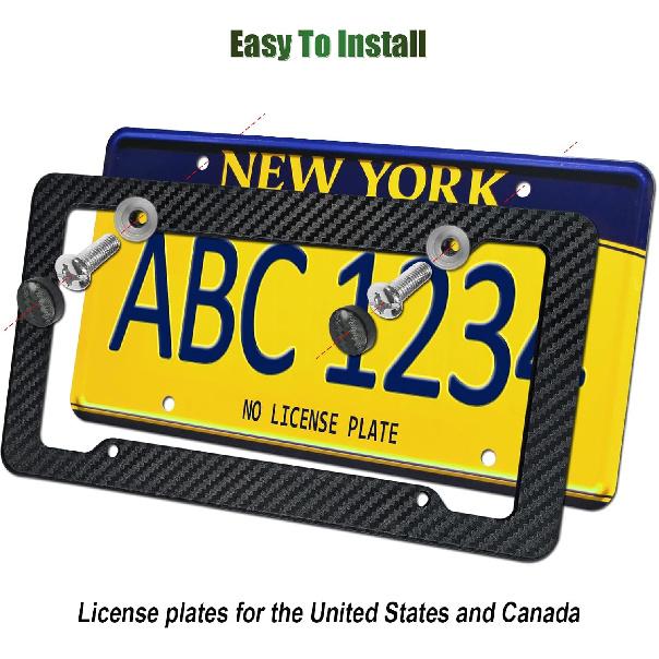 Carbon Fiber License Plate Frames- Black Carbon Pattern Plastic Front & Rear Car Tag Holder Cover 2 Pack With Mount Hardware, Screws, Caps, Handlebar