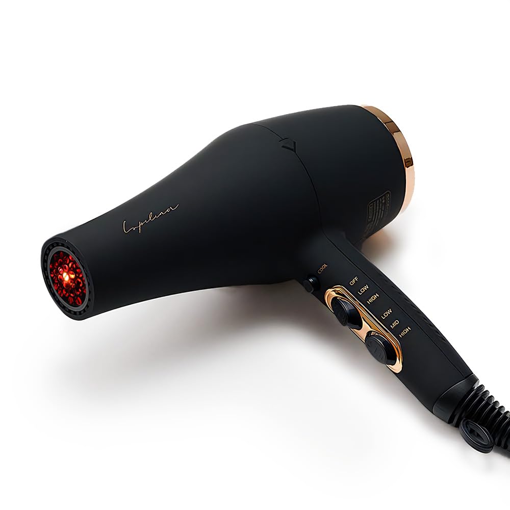 Lupilina Hair Dryer, Plasma Ion, Far Infrared, High Airflow, Fast Drying, Lightweight, 3 Temperature Settings, Cold Air, 1200W (Black)