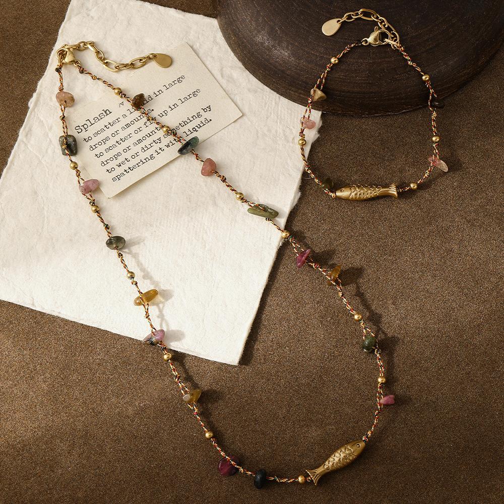 More than wealth~ New Chinese retro color tourmaline hand-woven necklace does not fade Koi bracelet set for women