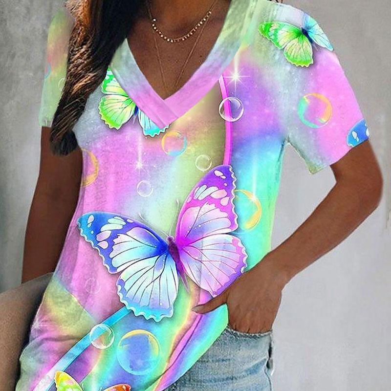 Women's T Shirt Print Graphic Butterfly Tie Dye Basic Neon & Bright Short Sleeve V Neck Regular Tops Holiday Weekend