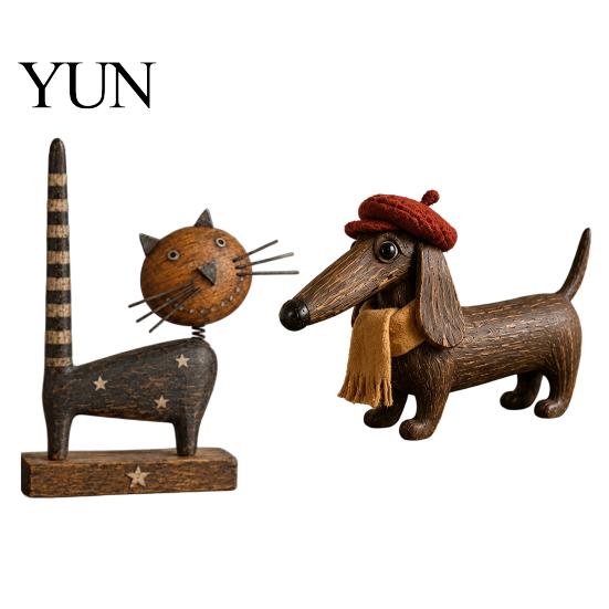 Artistic Retro Room Ornament Rustic Wooden Cat with Spring Shaking Head for Farmhouse Tabletop Cute Figurine Shelf Decor, Handcrafted Folk Art Animal