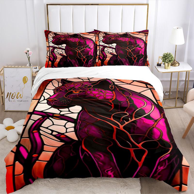 3pcs Panther Stained Glass Duvet Cover Set, Soft Comfortable Duvet Cover,Guest Room (1*Duvet Cover + 2*Pillowcase, Without Core) yy251104154