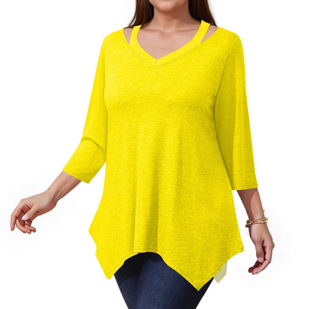 Women's Color Plus Size Tops Hollow V Neck 3/4 Sleeve Shirt Elegant Casual Tops