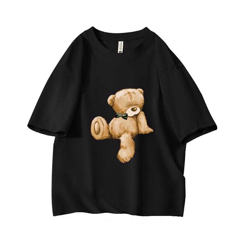 Cute Sleepy Bear With Bow Oversized Short Sleeve O Neck T Shirt Graphic Print 100 Cotton 2000s Women Tops Clothes Summer