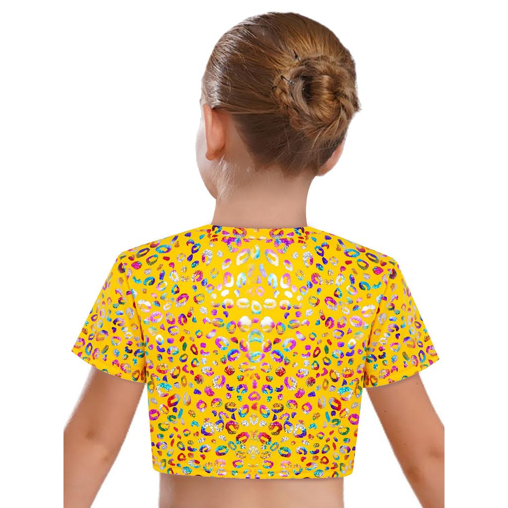Girls Metallic Leopard Print T-Shirt Crop Top Short Sleeve Round Neck Cheerleading Costume