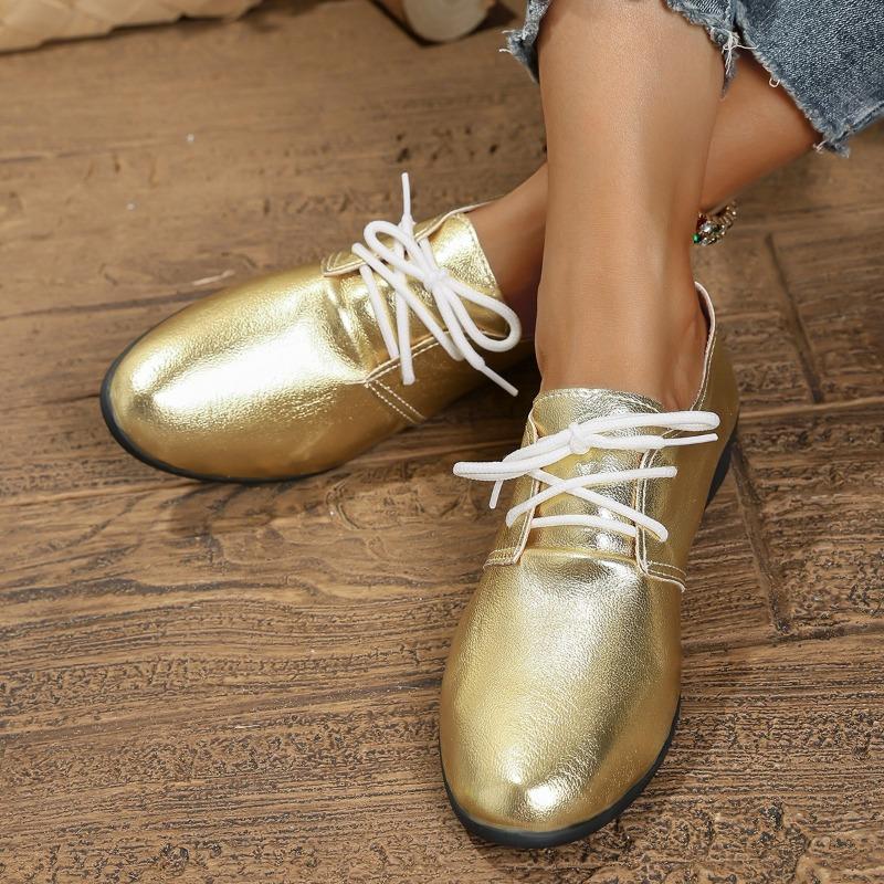 

Модные женские туфли на плоской подошве с круглым носком и шнуровкой, новинка весны и осени 2025 года, в британском стиле, удобные, одинарные 43 золотой