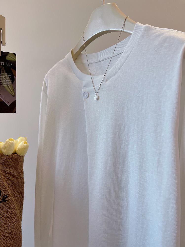 Cross-Season Pure Cotton Korean Double Gauze Long Sleeve T-Shirt for Women - Early Autumn Button Design