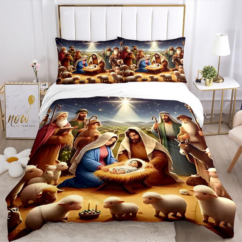 3pcs Christmas Nativity Scene Bedding Set - Includes One Quilt Cover and Two Pillowcases (No Core) - Festive Decoration for Bedroom and Guest Room, An